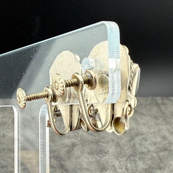 Alpaca Silver Aztec Mask Tiki Carved MOP Screw-back Clip Earrings VTG Mexico - Picture 5 of 13